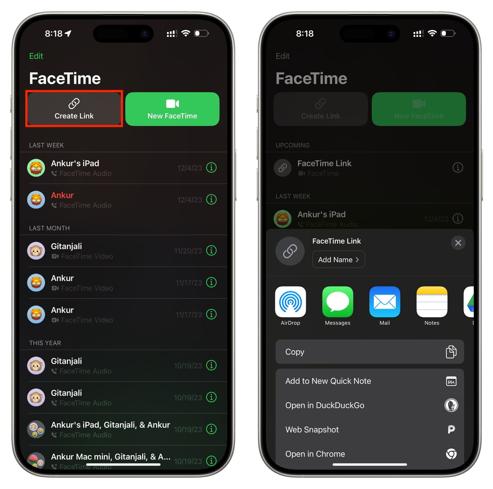 Create Link in FaceTime on iPhone