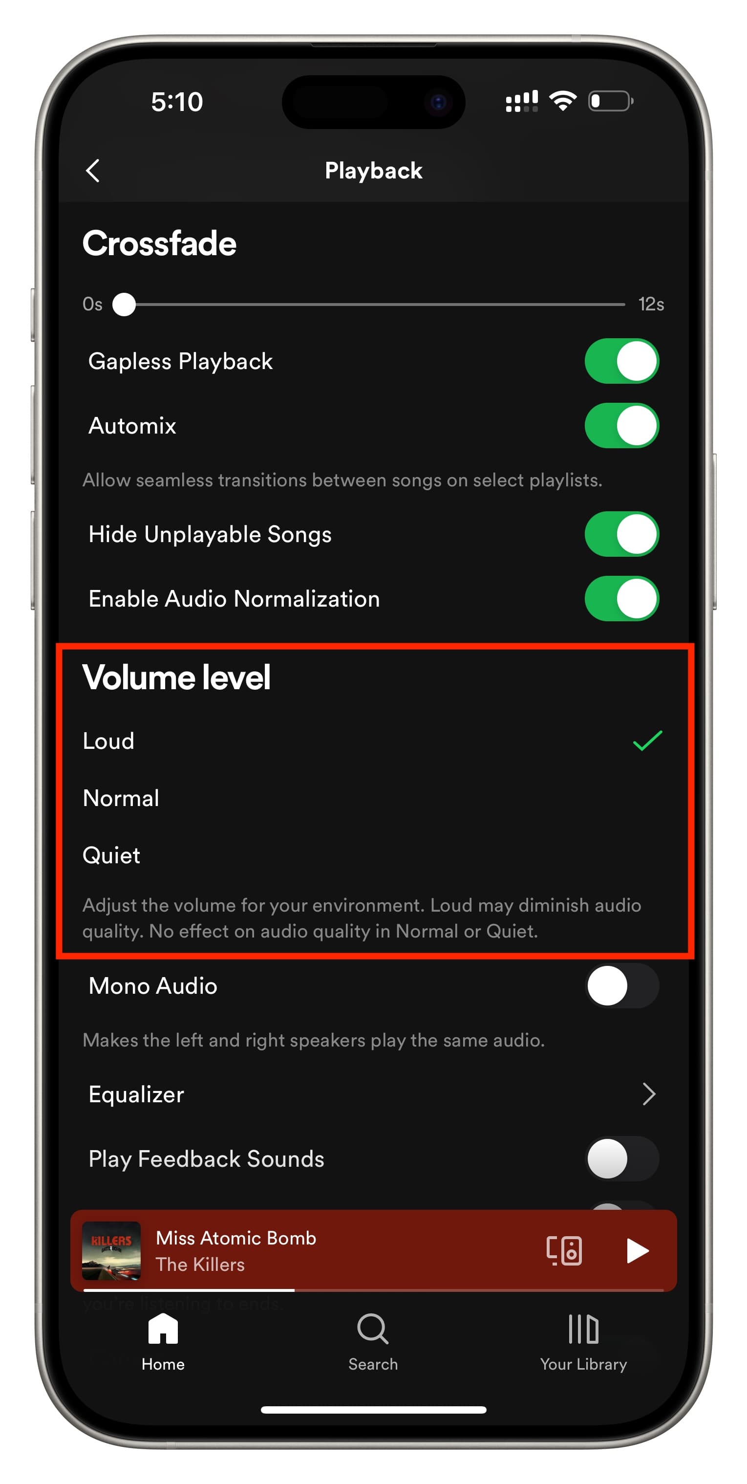 Set Spotify volume level to loud on iPhone