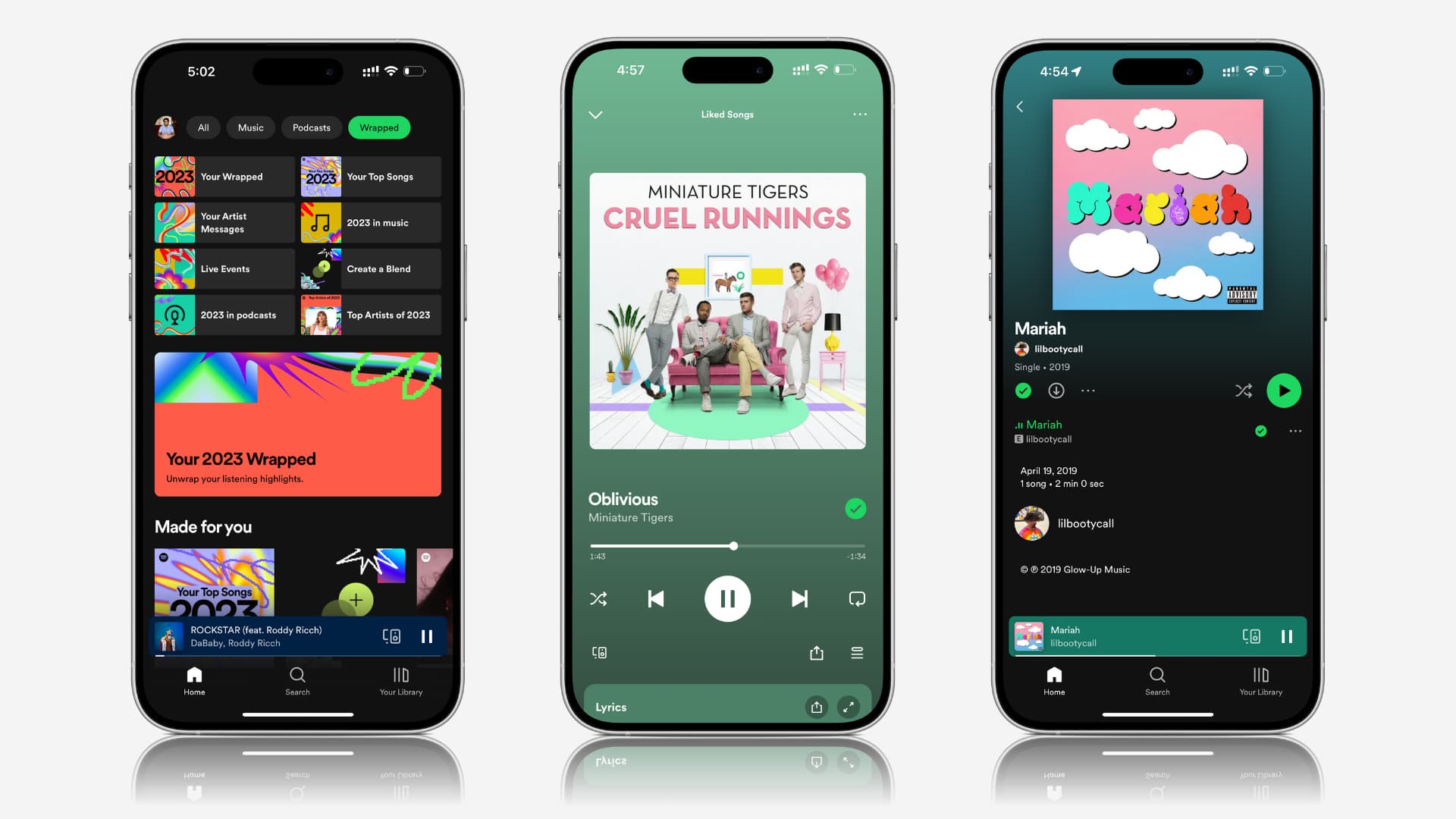 Three iPhone mockups showing different Spotify app screens