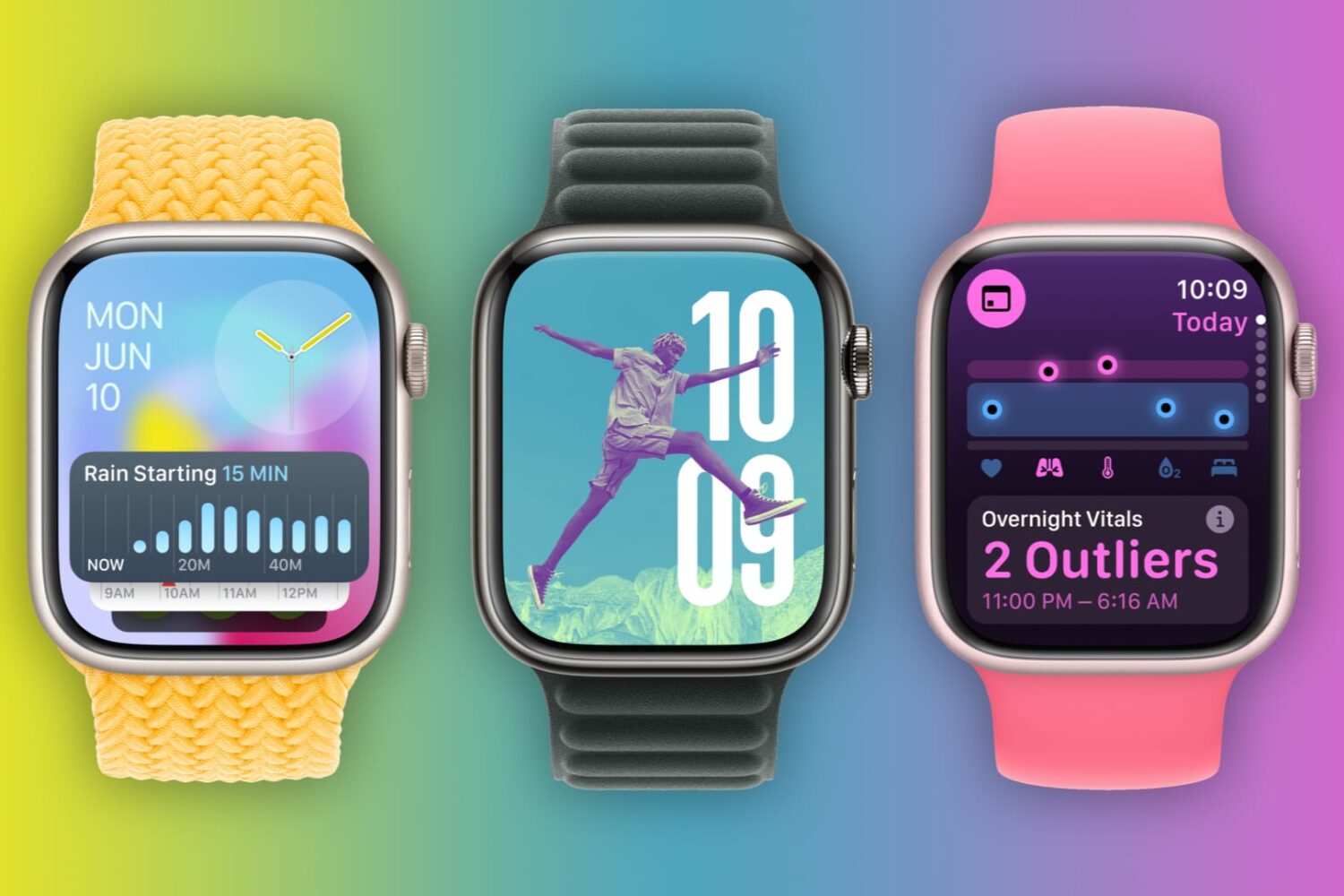 Three Apple Watches showcasing enhanced smart stacks, the Photos face and the Vitals app in watchOS 11, set against a colorful gradient background