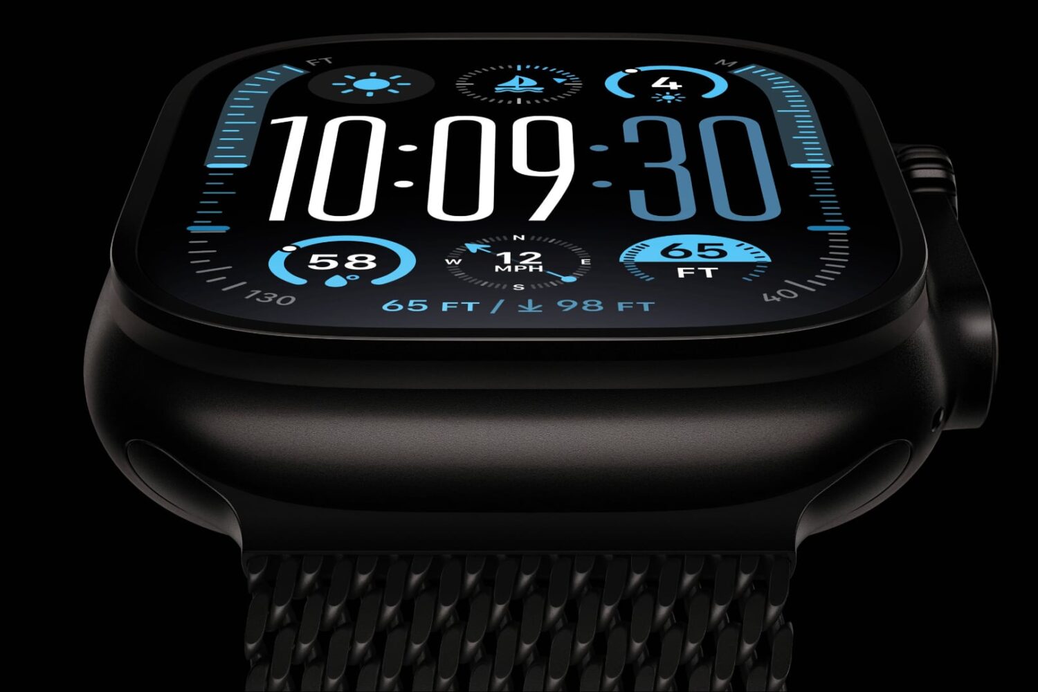 Apple Watch Ultra 2 in Space Black, set against a black background.