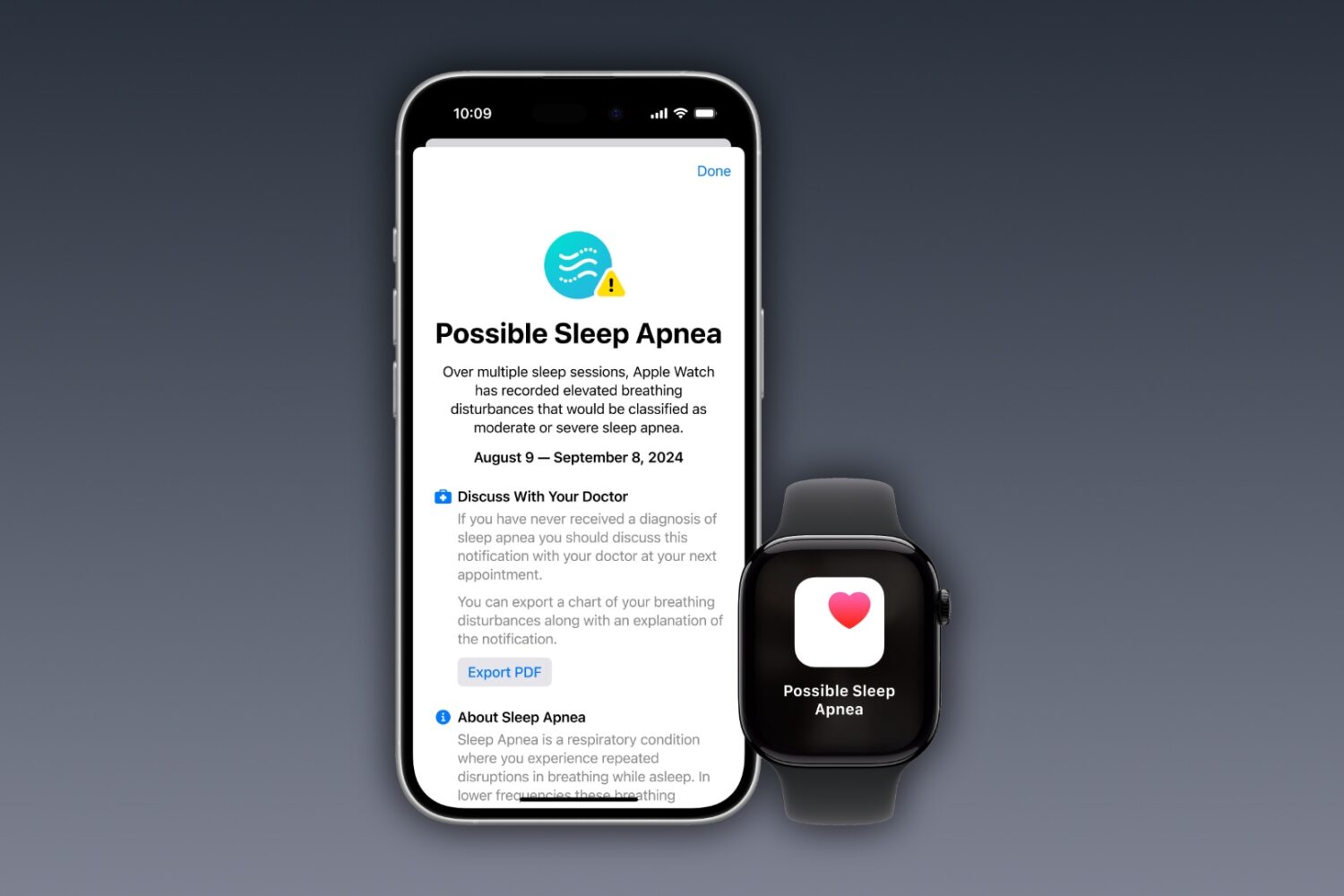 iPhone and Apple Watch showcasing the sleep apnea notification.