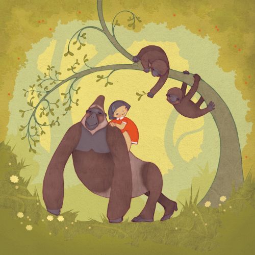 An illustration of mountain gorillas with young girl