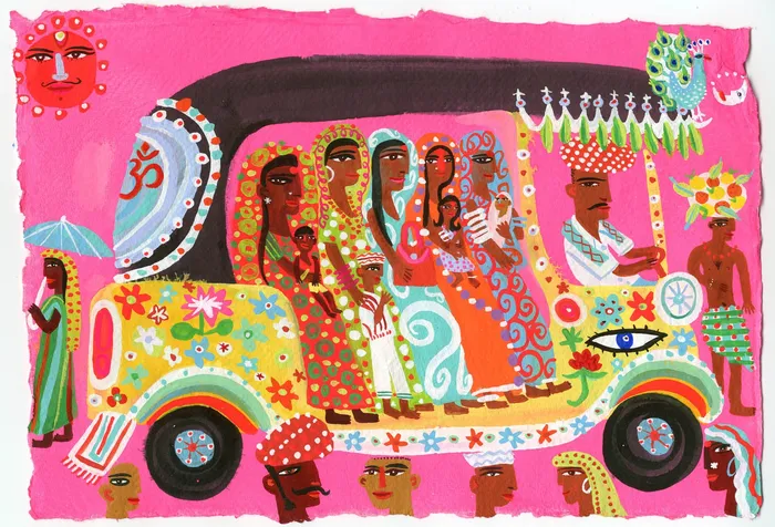 A illustration by Christopher Corr of a crowd in an autorickshaw