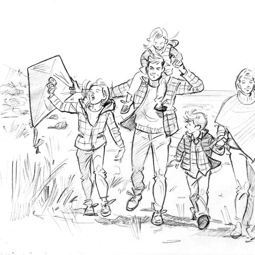 Sketch art of family walking 