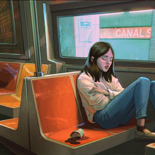 A lonely girl riding the late-night Q train