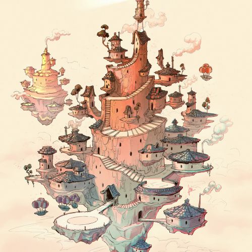 Fantasy floating lighthouse atop a floating village