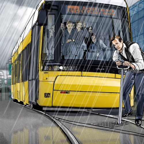 Man fixing Tram line  in rainy weather
