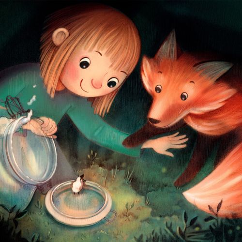 children's book, a new discovery, little girl, fox, jar, mini world, sheep, nature, forest