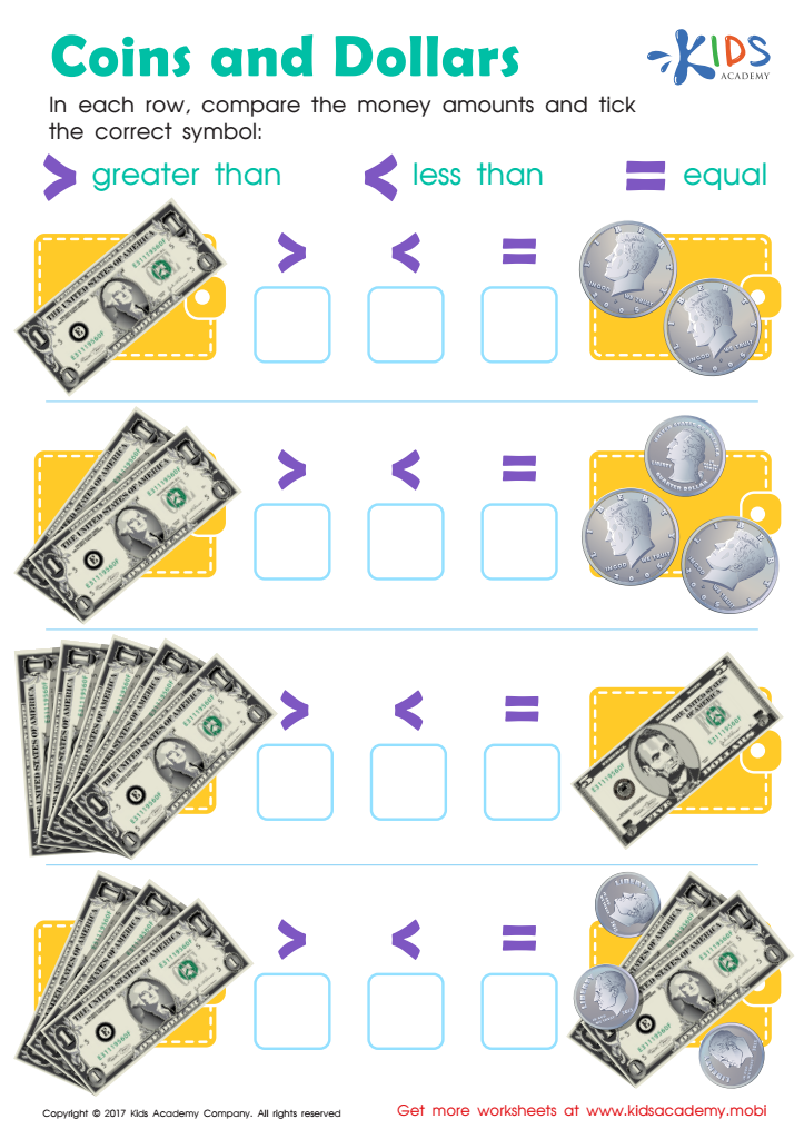 coins dollars printable free money worksheet for kids