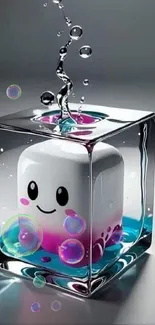 Cute character in a glass cube with colorful bubbles.