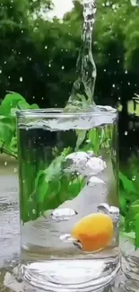 Splash of water in a glass against a leafy green background.