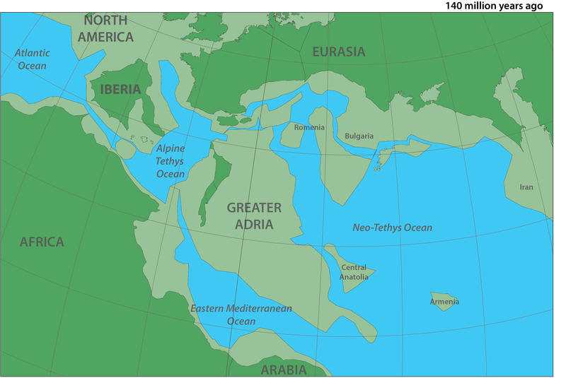 1億4000万年前にあった大アドリア大陸の地図。