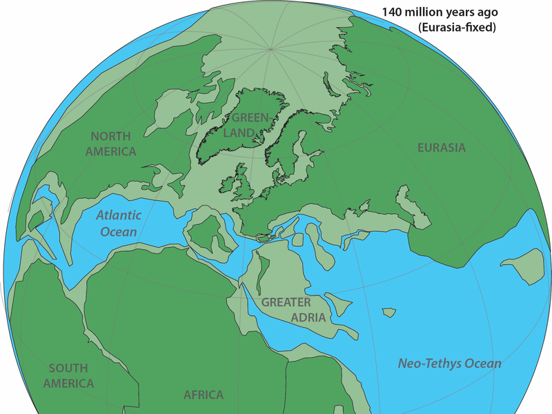 1億4000万年前の地球の陸塊の配置を示す再現図。濃い緑色は海上に出ている陸塊を、薄い緑色は沈んだ陸地を示している。