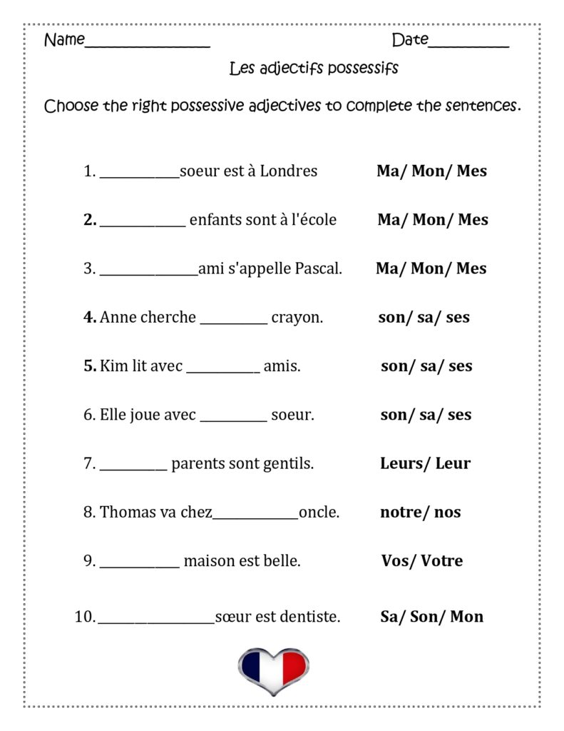 French Possessive Adjectives Lesson Exercises Adjectifs Possessifs ...