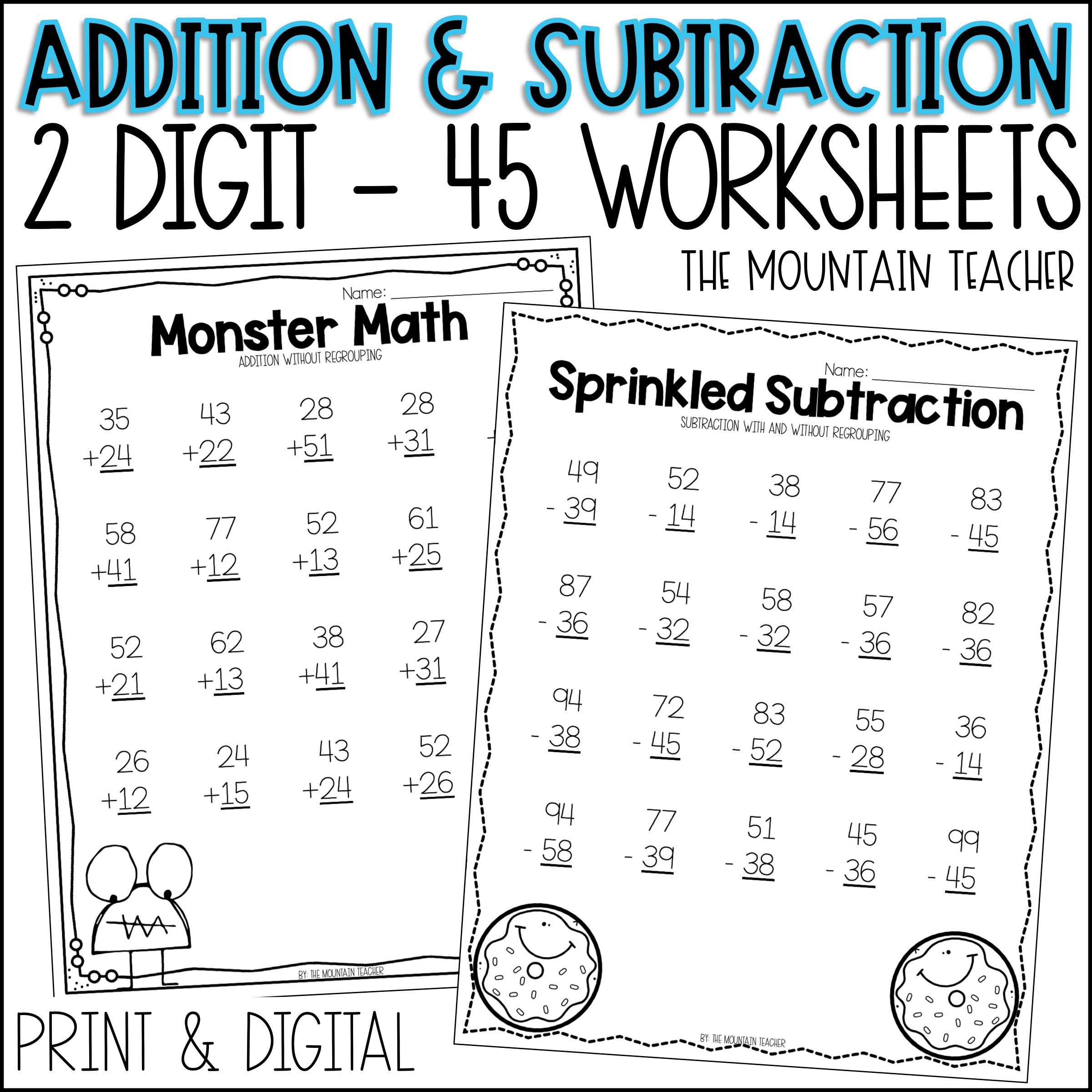 2 Digit Addition and Subtraction Worksheets With and Without Regrouping ...