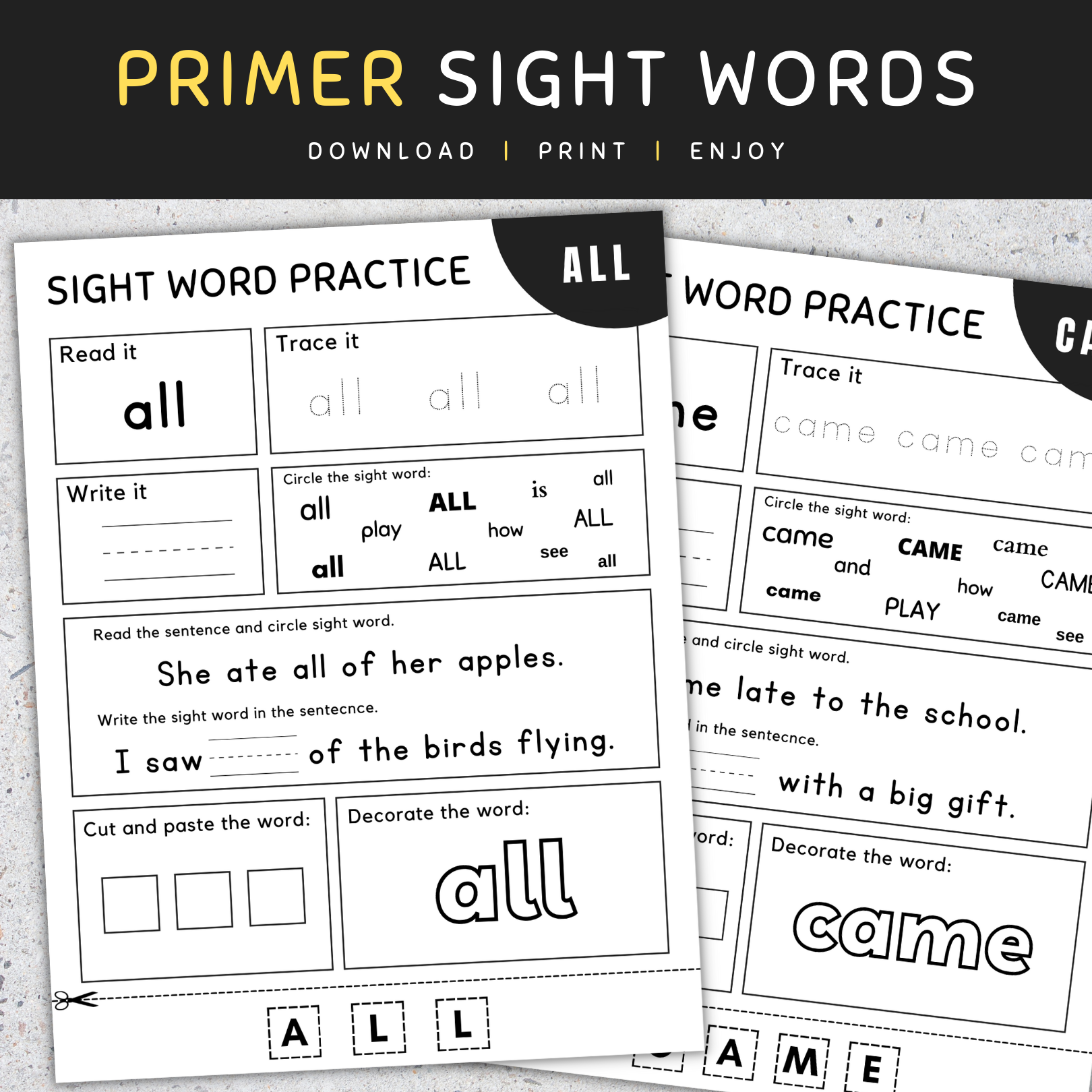 Sight Words For Kindergarten Worksheet