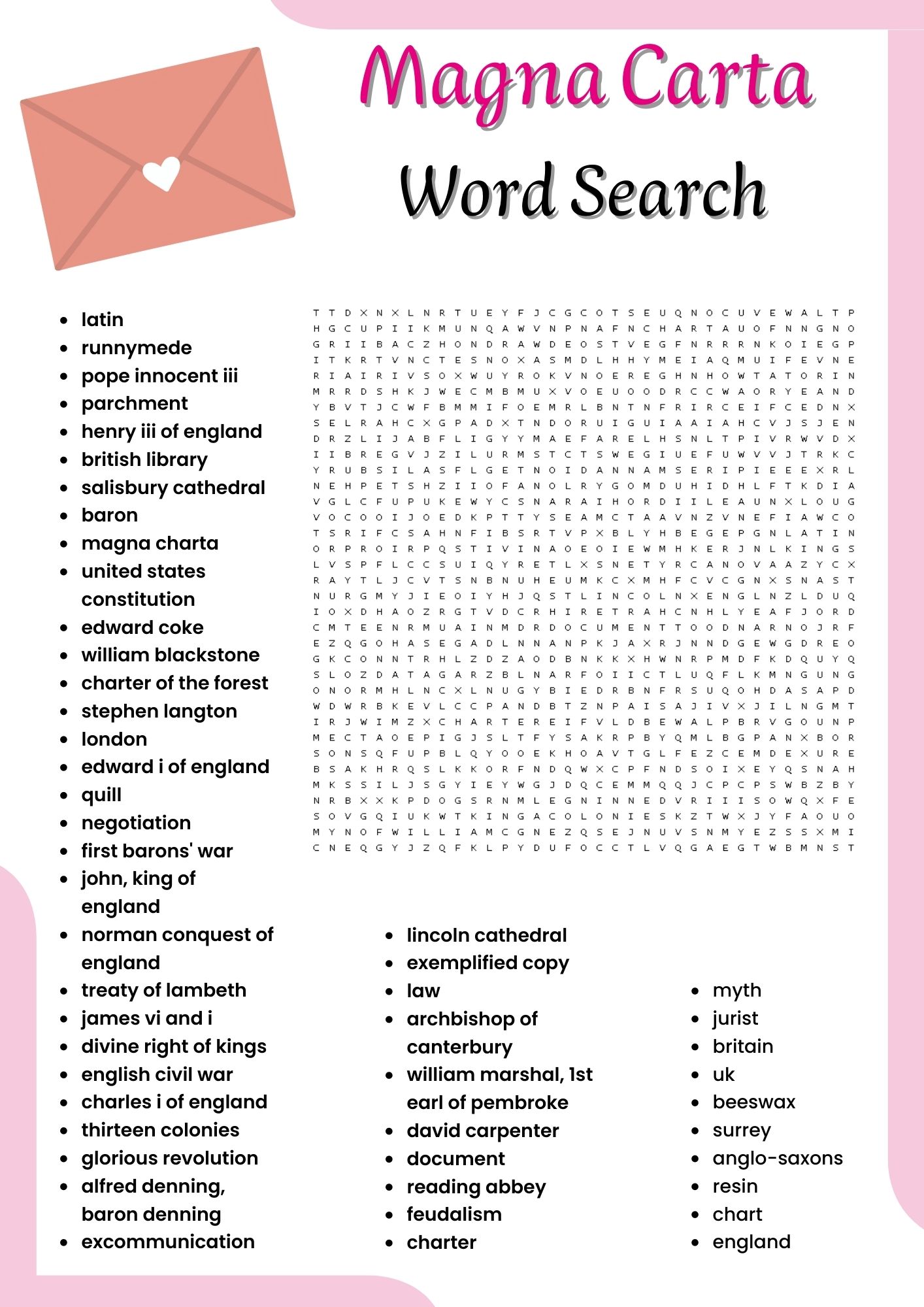 Magna Carta word search Puzzle worksheet activities for kids | Made By ...