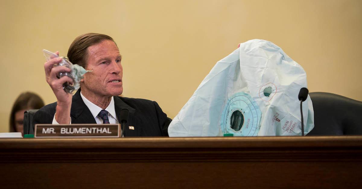 Sen. Richard Blumenthal (D-CT) holds up an airbag and inflator during a Senate Commerce, Science, and Transportation Committee hearing on the Recalls of Defective Takata Air Bags and NHTSA's Vehicle Safety Efforts on Capitol Hill, June 23, 2015 in Washington, DC.