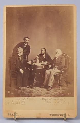 Cabinet card of group portrait of George Henry Boker (1823 -1890) American poet, playwright, and diplomat, George Bancroft (1800–1891) American historian and statesman, Bayard Taylor (1825–1878) American. poet and writer, and William Cullen Bryant (1794-1 by Mathew B. Brady