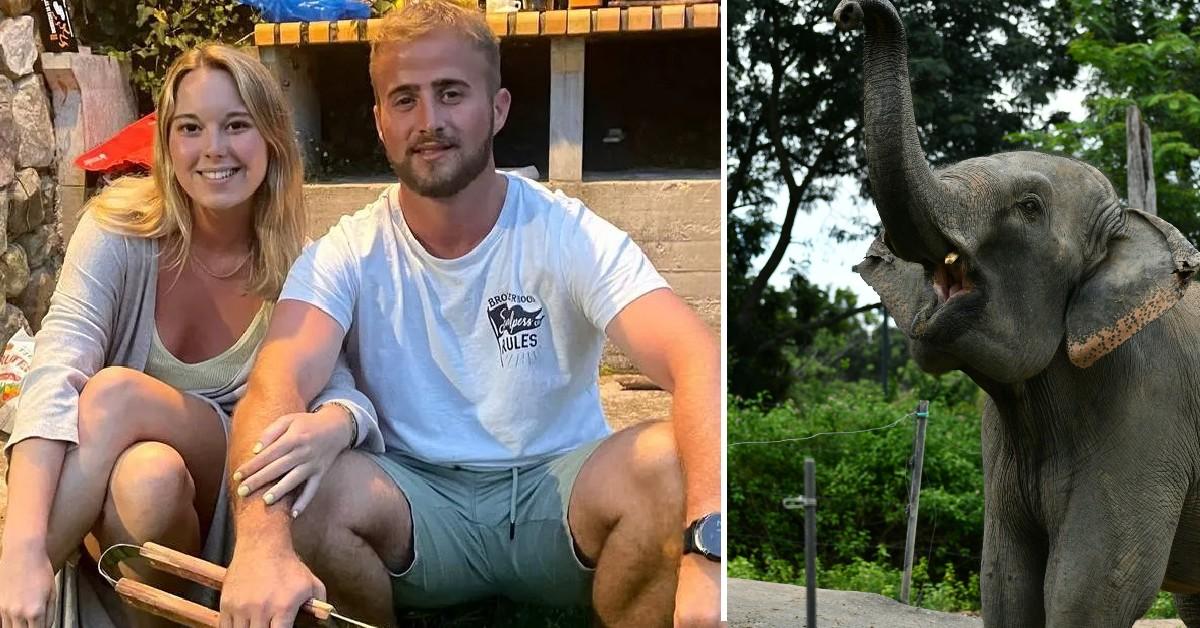 Split photo of  Blanca Ojanguren García with boyfriend, elephant