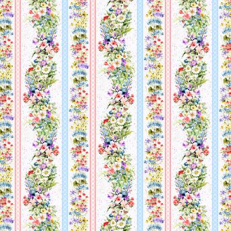 Floral Stripe on White: Meadow Bloom by Susan Winget for Wilmington ...