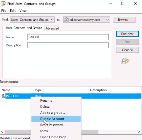 find contacts users and groups window disabling paul hill user account