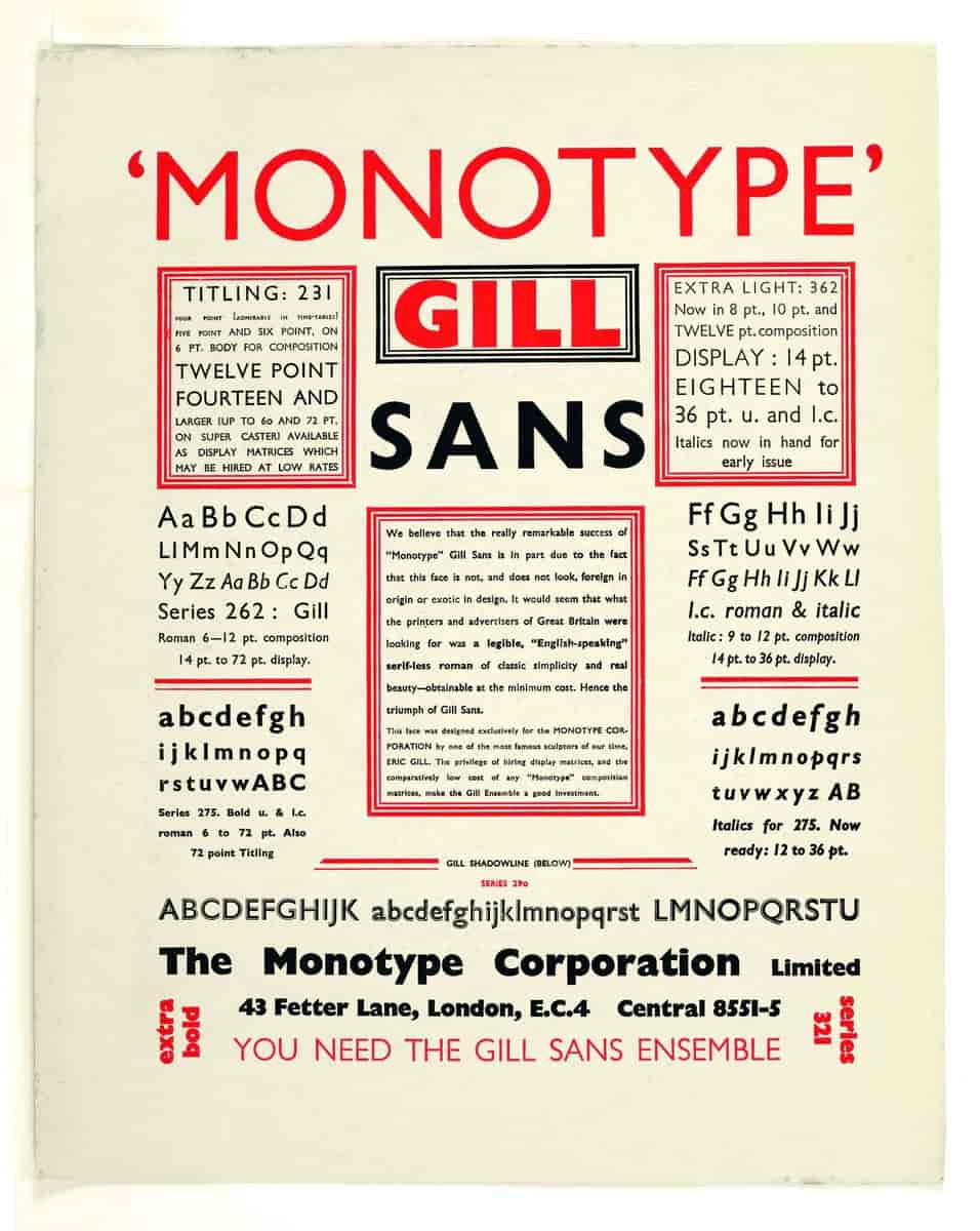 Eksempelark og reklamemateriell for Gill Sans