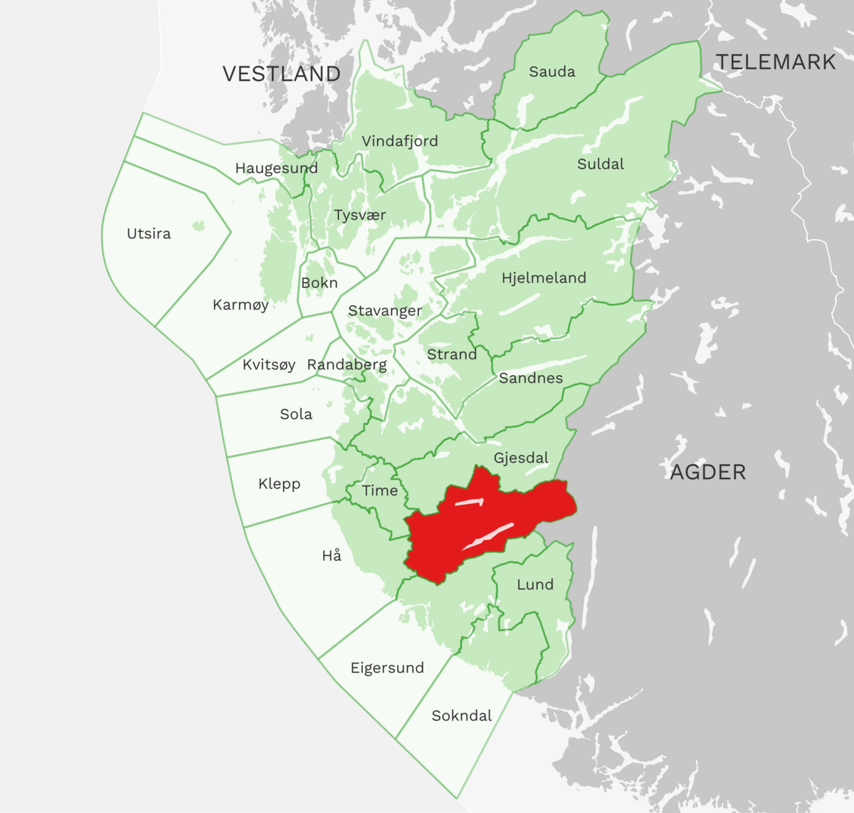 Kart: Bjerkreim kommune i Rogaland