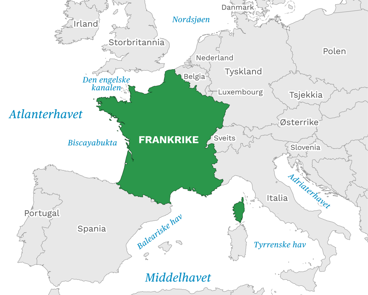 Plassering av Frankrike med naboland rundt, kart