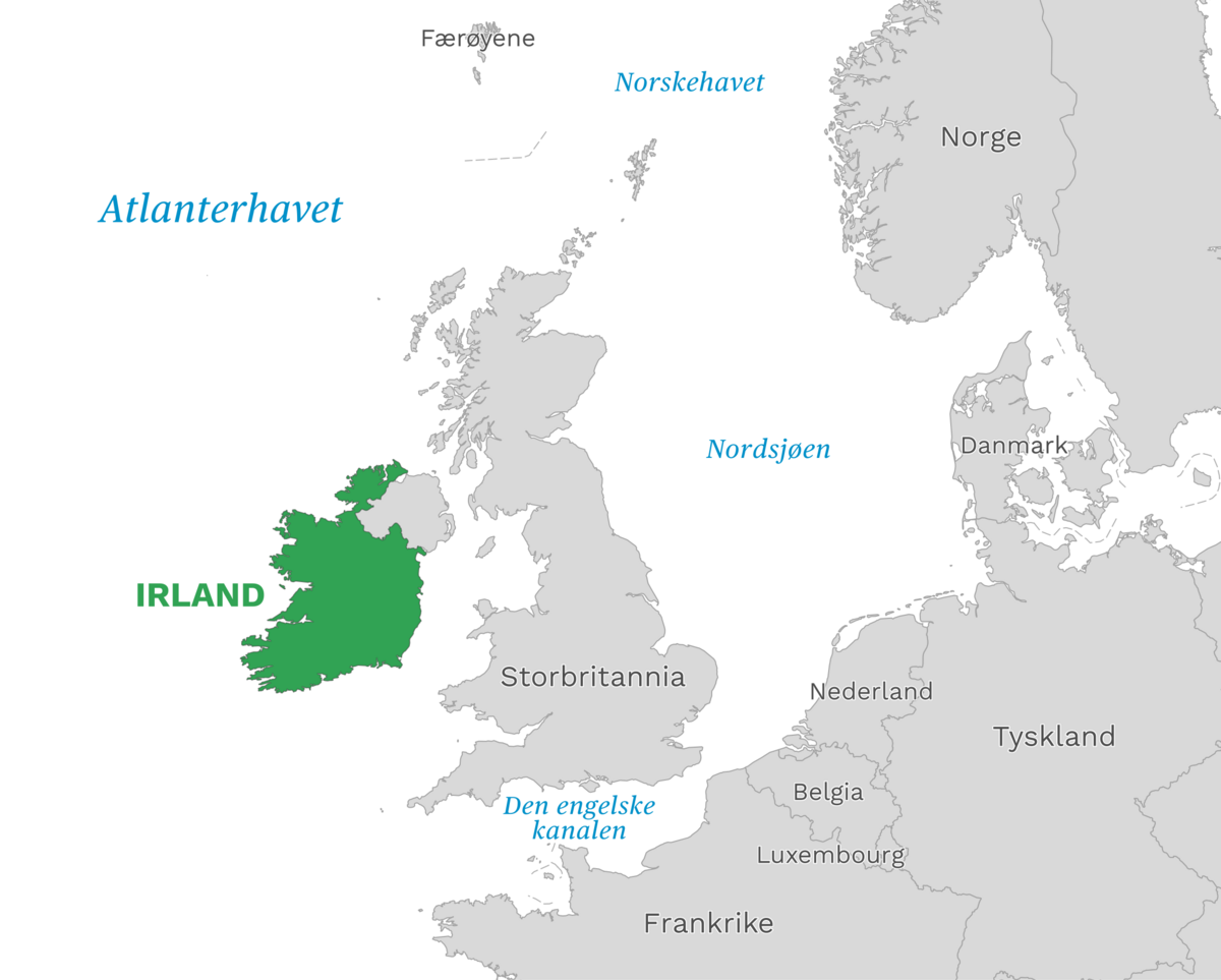 Plassering av Irland med naboland rundt, kart