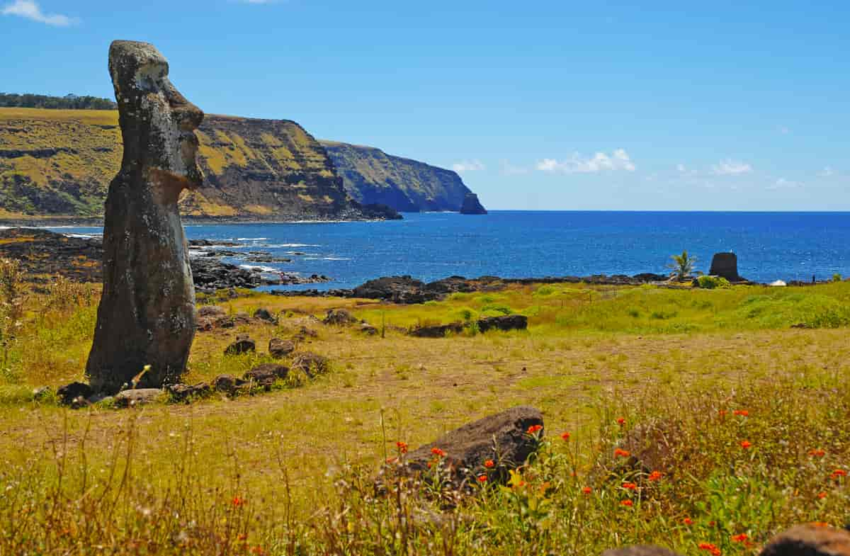 Fotografi av et kystlandskap. I forgrunnen er en stor statue av stein. Landskapet er kupert, og deler av kysten er bratt. Lanskapet er dekket av gress og blomster, men ingen trær.