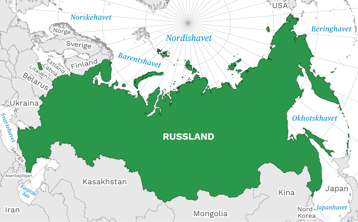 Plassering av Russland med naboland rundt, kart