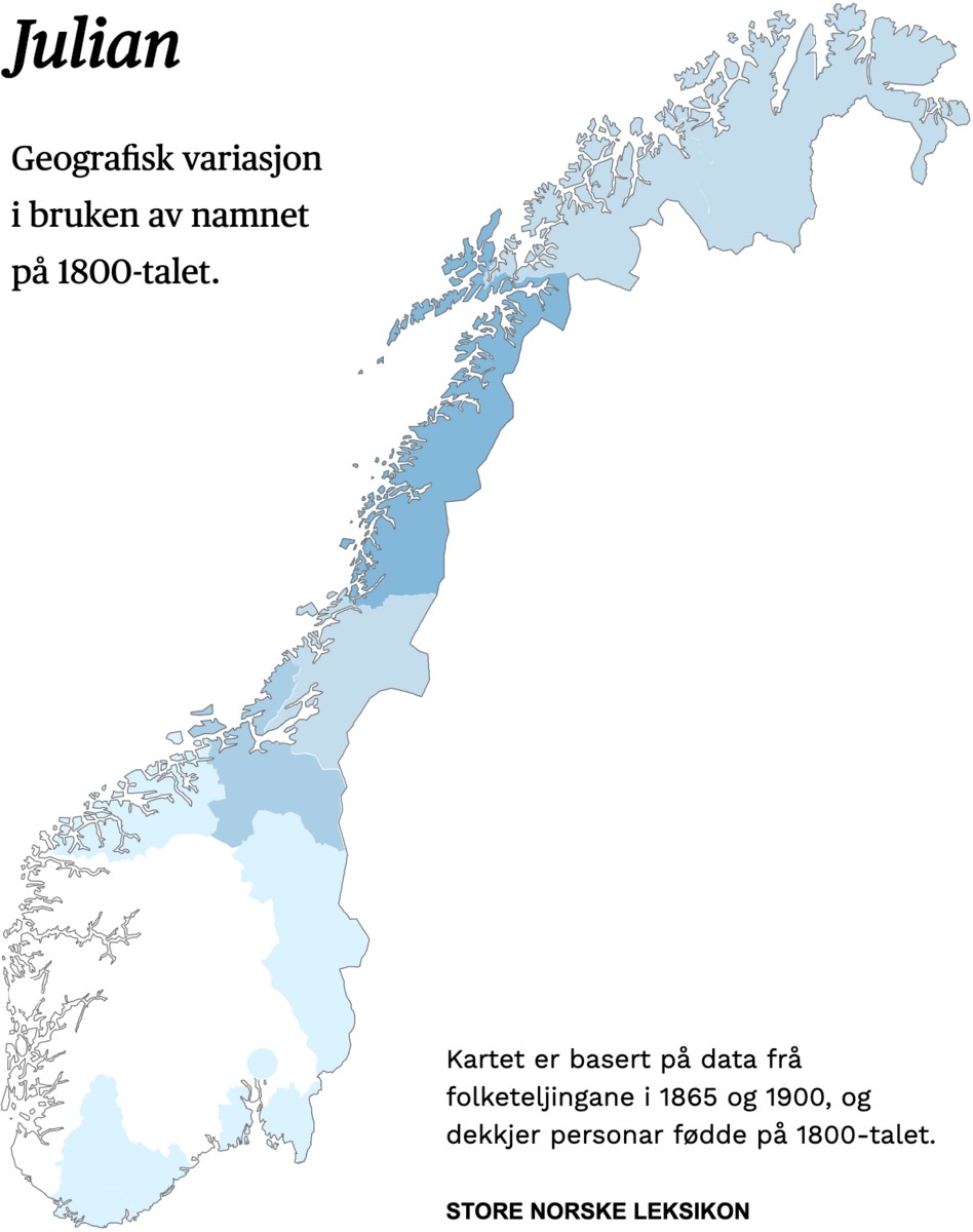 Geografisk variasjon i bruk av namnet Julian på 1800-talet.