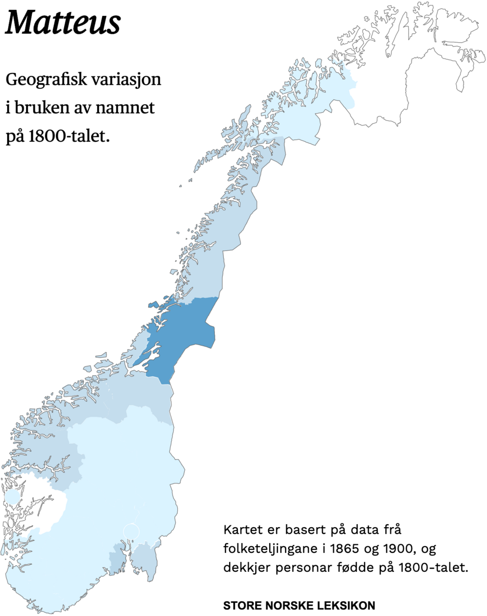 Geografisk variasjon i bruk av namnet Matteus på 1800-talet.