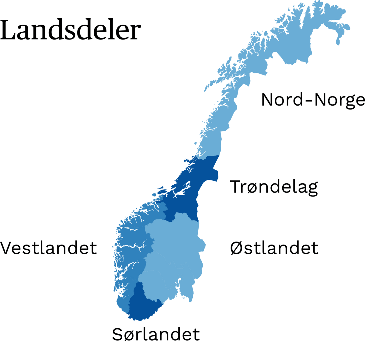 kart over norge hvor de ulike landsdelene er markert