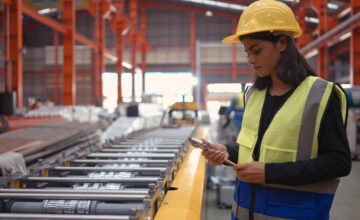 A female employee inspects work in process inventory