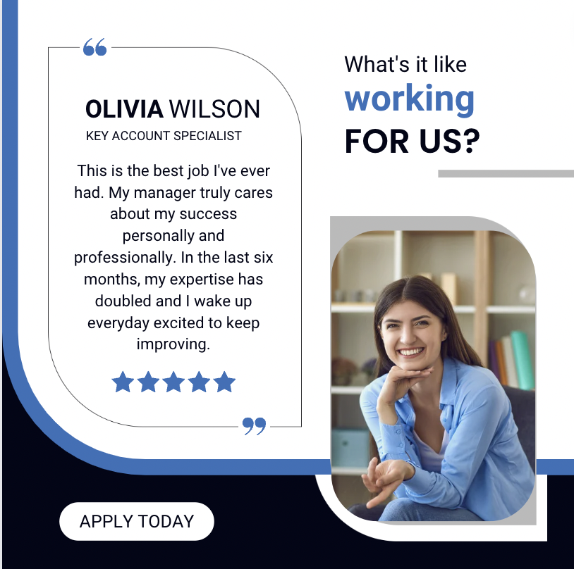 A social media image template that reads "What's it like working for us?" It also features a quote from a current team member and a five-star rating. In the graphic, there's an image of a professional woman sitting in front of a bookshelf.