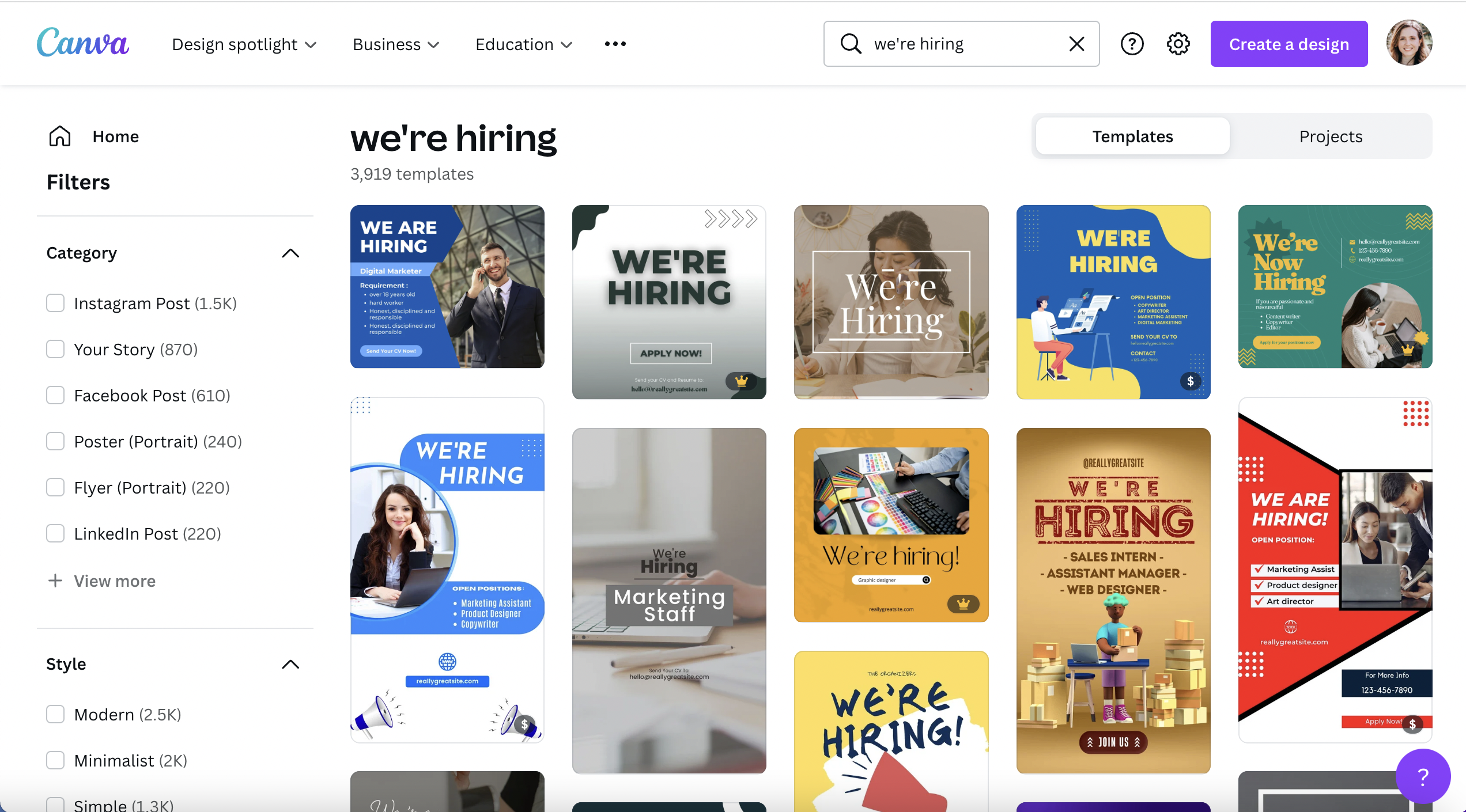 A screenshot of a search in Canva for "We're Hiring" social media post templates.