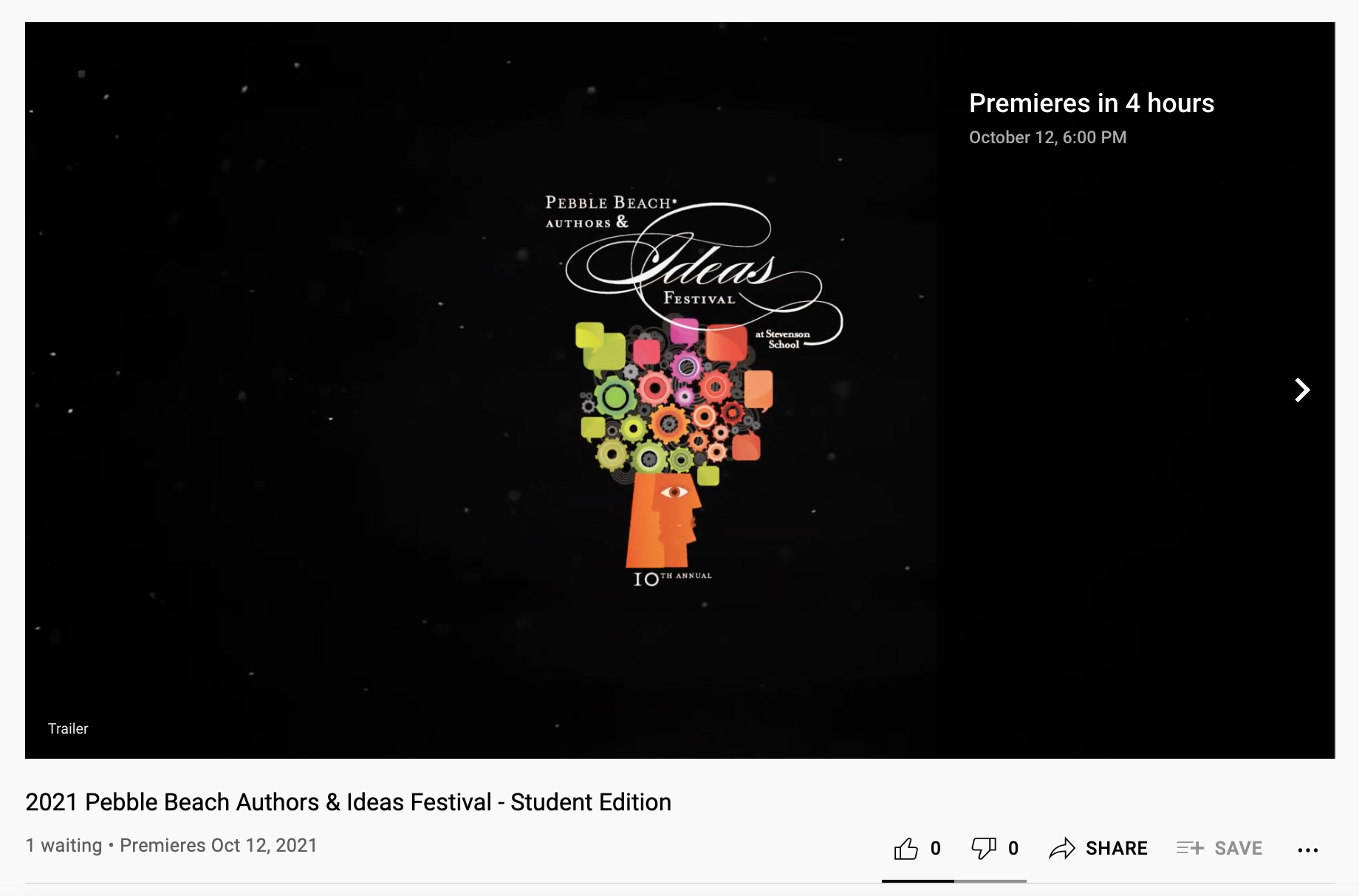 Screenshot of the 2021 Pebble Beach Authors & Ideas Festival video that denotes the premiere countdown in the top-right corner.