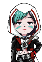 a cartoon drawing of a girl with blue hair and a white hood