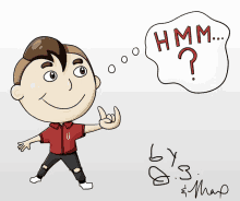 a cartoon of a boy with a speech bubble that says hmm