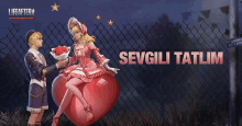 a man giving flowers to a woman sitting on a heart shaped object with the words sevgili tatlim on the bottom