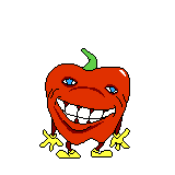 a pixel art drawing of a red pepper with arms and legs and a smiling face .