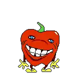 a pixel art drawing of a red pepper with arms and legs and a smiling face .