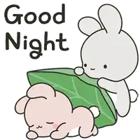 a cartoon rabbit is laying on a green leaf with the words good night above it