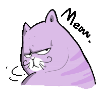 a cartoon drawing of a purple cat with meow written above it