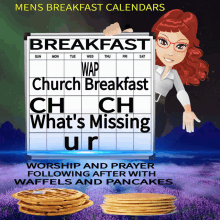 a poster for mens breakfast calendars shows a woman pointing at a white board