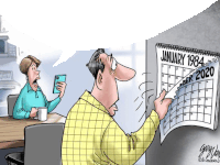 a cartoon of a man looking at a calendar which says january 1984