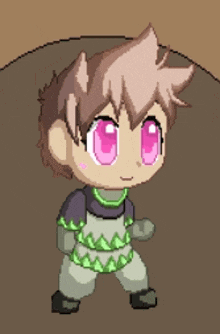 a pixel art drawing of a girl with pink eyes